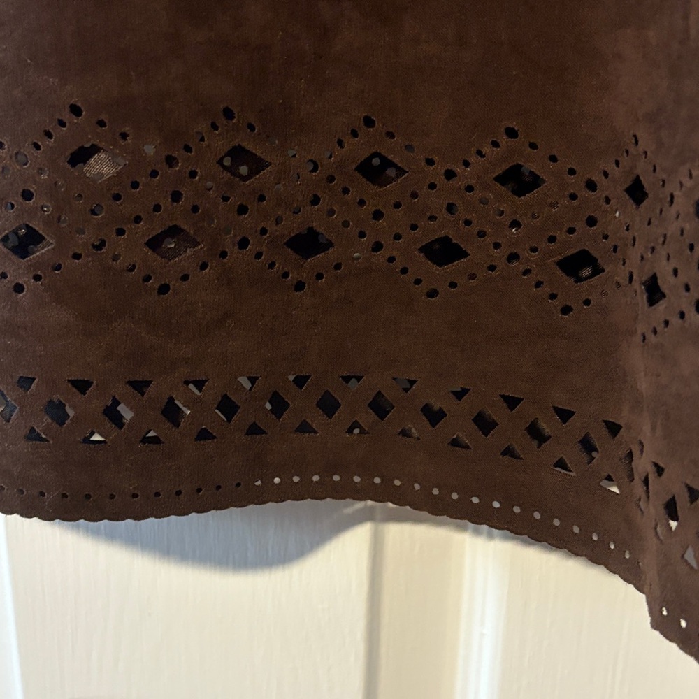 Elegant Sueded Brown Women's Skirt with Laser Cut Detail at Hem - Picture 3 of 7